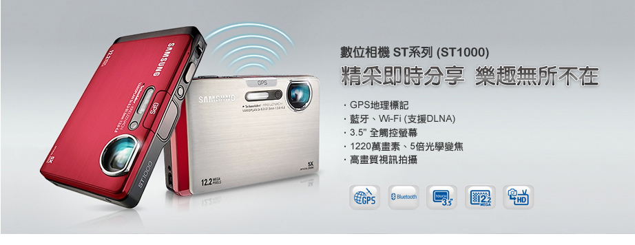 Samsung ST1000�����Цh�صL�u�ǿ�\��A�����ϥΪ��H���H�a�P�ˤͤ��ɦn�Ӥ��CST1000�b�y�u�������������A�f�����㪺�зs�\��A�e�ҥ����a���X�F�u�ۤ��w��(geo-tagging)�v�B�Ť�Bluetooth 2.0�BDLNA��Wi-Fi�������s���\��C�o�x�۾����L�u�\��A���ϥΪ̤@�秹�N�i�H���W�N�ۤ��ǰe��PO�W�����A�� GPS�ìP�w��\��h�@���l�ܨϥΪ̪���Ӧ�m�A�i�H�z�L�����O�J������EXIF�a�z��m��ơA���o���޲z�v���C���s�������o�i�U�ӷU������O�̭����AST1000�]���ѵL�i��r����ʵL�u��������A�P�ɤ]�O��s�H�ں��������γ~�|�CST1000���ت��a�̼аO�����ϥΪ̰O�U���᪺�a�I�B�ɶ����Ӹ`�A�Ť�Bluetooth 2.0�i�N�v���L�����ɨ�䴩�Ť����Ҧ��˸m�A�p����B���q�K���A��Wi-Fi�\��N���ϥΪ̲{�b�i�H�N�ۤ������q�۾��H�q�l�l��o�e�X�h�A�ï�Y�ɱN�v���W�ǦܦU�j���s�����A�]�AFacebook&reg;�BPicasa™��YouTube&reg;�C��ST1000��DLNA �ۮe�\��A�]�������b�ϥΪ̫ظm���~�a�������A�����L�u�s���ܥt�@�x�䴩DLNA�ۮe���˸m�A�pHDTV���C